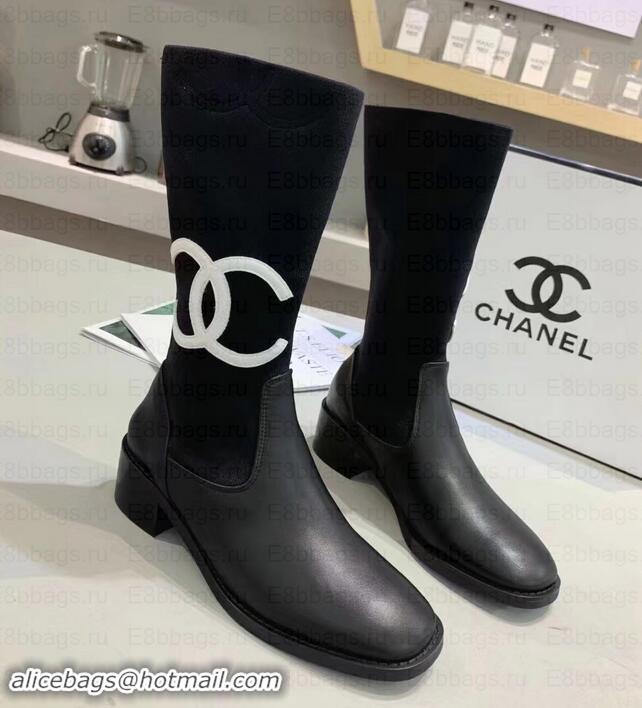  Stylish Chanel White CC Logo Stretch Boots C101608 Black 2019