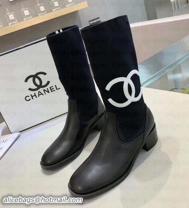  Stylish Chanel White CC Logo Stretch Boots C101608 Black 2019