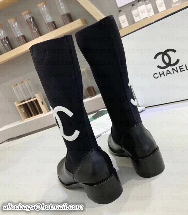  Stylish Chanel White CC Logo Stretch Boots C101608 Black 2019