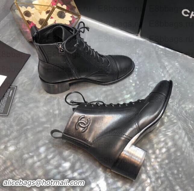 Hot Style Chanel Heel 5cm CC Logo Lace-Ups Ankle Boots C101608 Black 2019