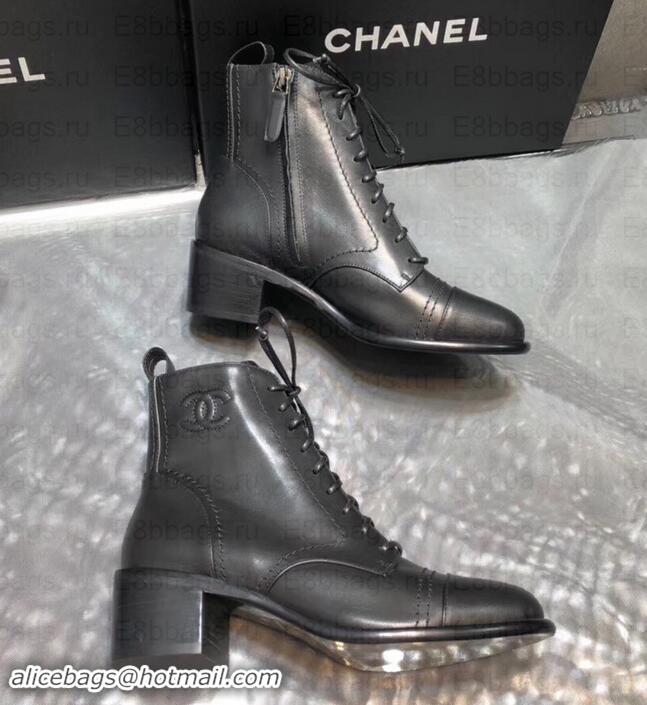 Hot Style Chanel Heel 5cm CC Logo Lace-Ups Ankle Boots C101608 Black 2019