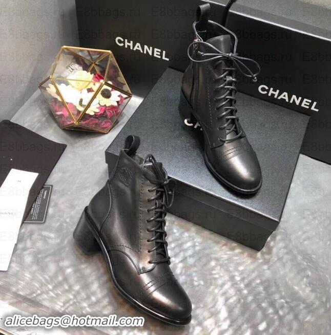 Hot Style Chanel Heel 5cm CC Logo Lace-Ups Ankle Boots C101608 Black 2019