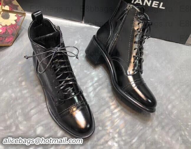 Luxury Chanel Heel 5cm CC Logo Lace-Ups Ankle Boots Glossy C101611 Black 2019