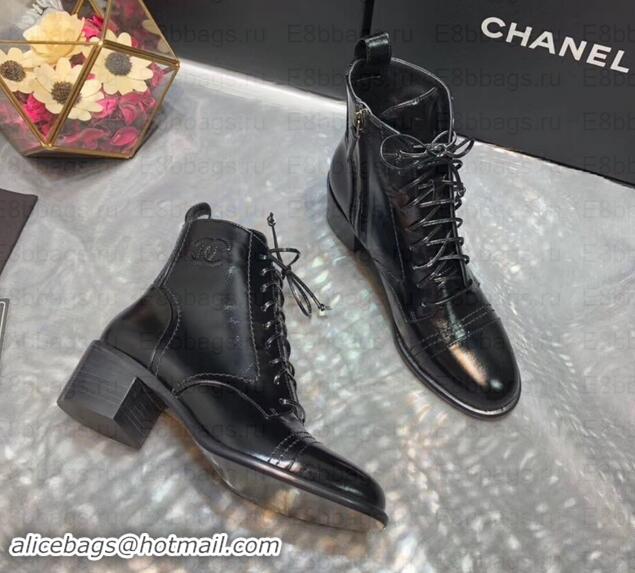 Luxury Chanel Heel 5cm CC Logo Lace-Ups Ankle Boots Glossy C101611 Black 2019