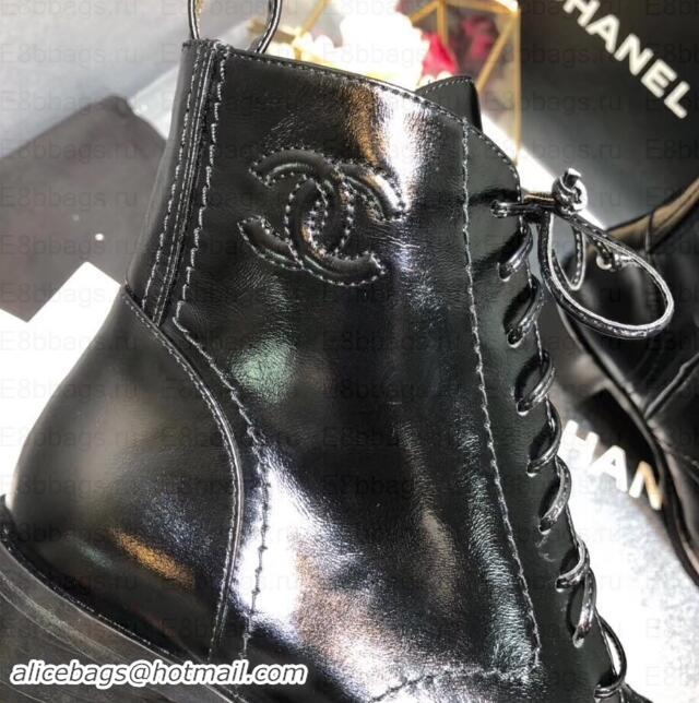 Luxury Chanel Heel 5cm CC Logo Lace-Ups Ankle Boots Glossy C101611 Black 2019