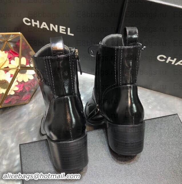 Luxury Chanel Heel 5cm CC Logo Lace-Ups Ankle Boots Glossy C101611 Black 2019