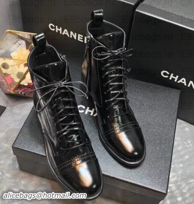 Luxury Chanel Heel 5cm CC Logo Lace-Ups Ankle Boots Glossy C101611 Black 2019