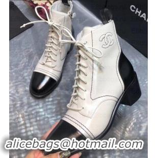 Grade Chanel Heel 5cm CC Logo Lace-Ups Ankle Boots Glossy C101611 Creamy/Black 2019