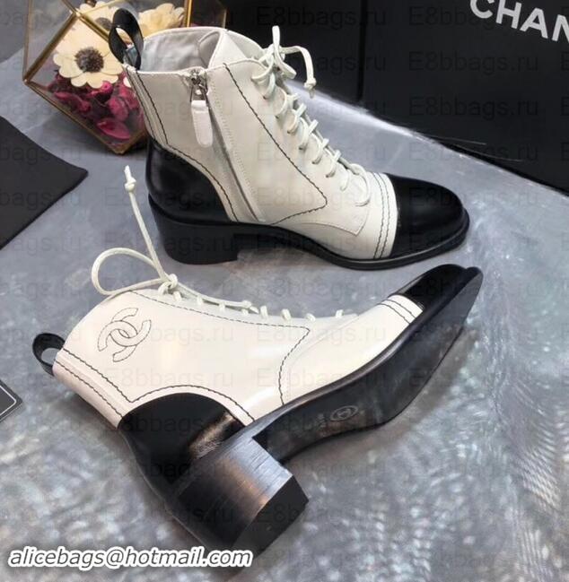 Grade Chanel Heel 5cm CC Logo Lace-Ups Ankle Boots Glossy C101611 Creamy/Black 2019