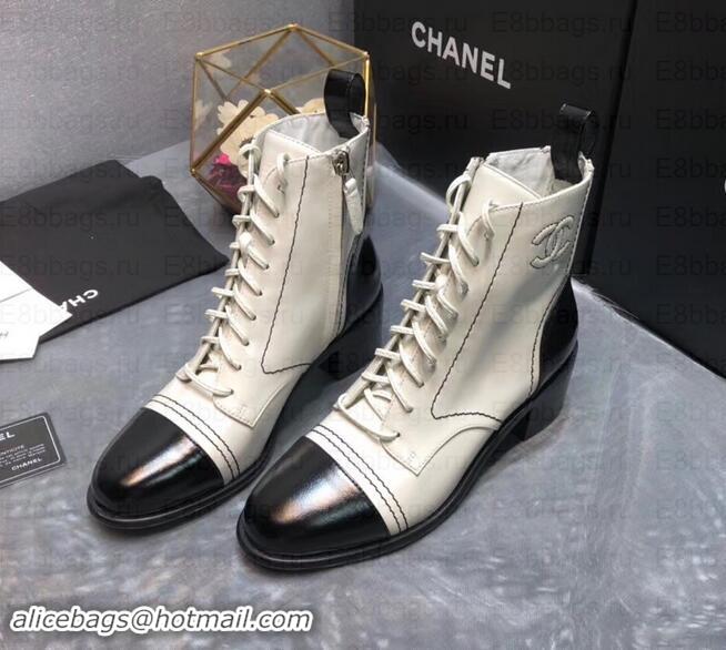 Grade Chanel Heel 5cm CC Logo Lace-Ups Ankle Boots Glossy C101611 Creamy/Black 2019