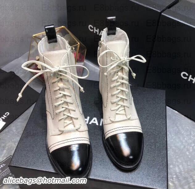 Grade Chanel Heel 5cm CC Logo Lace-Ups Ankle Boots Glossy C101611 Creamy/Black 2019