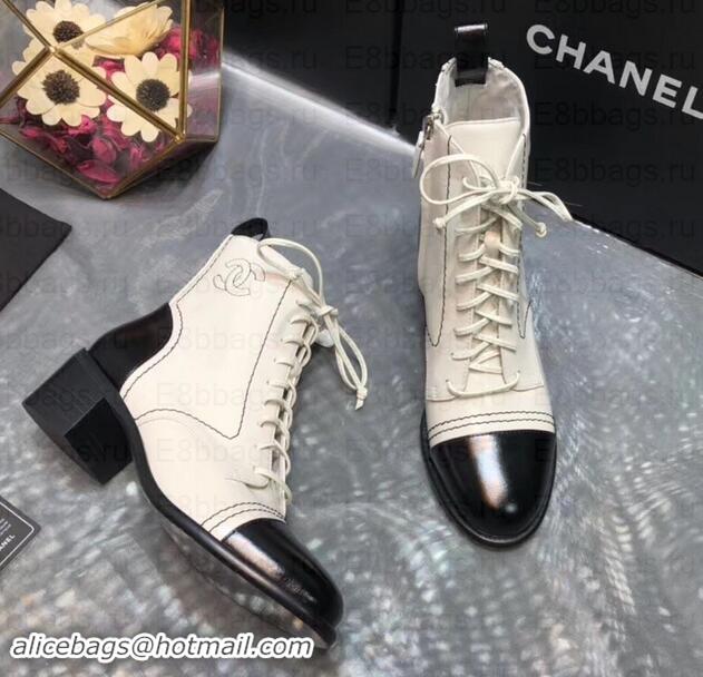 Grade Chanel Heel 5cm CC Logo Lace-Ups Ankle Boots Glossy C101611 Creamy/Black 2019