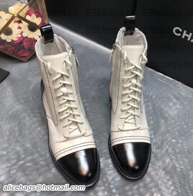 Grade Chanel Heel 5cm CC Logo Lace-Ups Ankle Boots Glossy C101611 Creamy/Black 2019