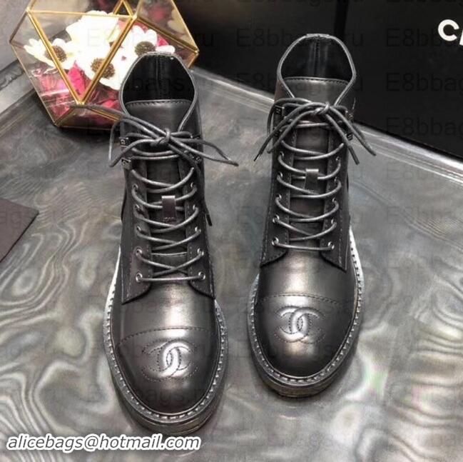 Most Popular Chanel Heel 2.5cm CC Logo Lace-Ups Ankle Boots G34958 Black 2019