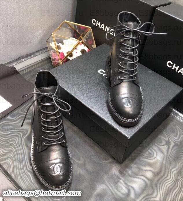 Most Popular Chanel Heel 2.5cm CC Logo Lace-Ups Ankle Boots G34958 Black 2019