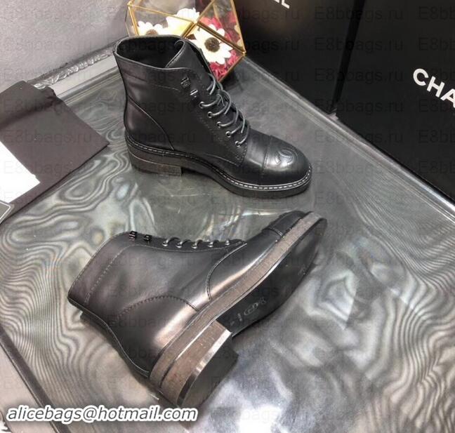 Most Popular Chanel Heel 2.5cm CC Logo Lace-Ups Ankle Boots G34958 Black 2019