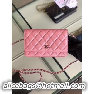 Unique Chanel classic wallet on chain Grained Calfskin & Silver-Tone Metal 33814 Pearlescent Pink