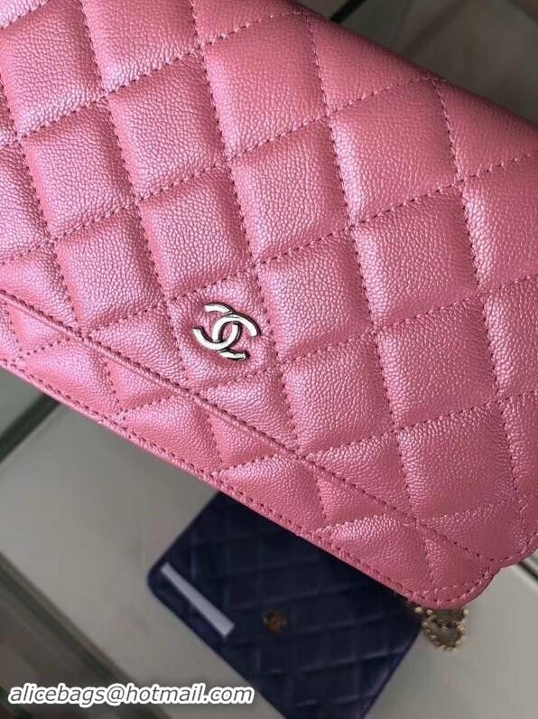 Unique Chanel classic wallet on chain Grained Calfskin & Silver-Tone Metal 33814 Pearlescent Pink