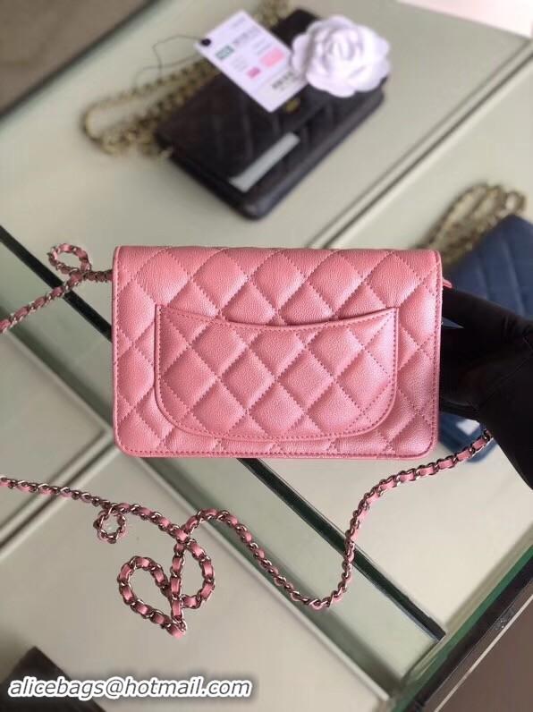 Unique Chanel classic wallet on chain Grained Calfskin & Silver-Tone Metal 33814 Pearlescent Pink