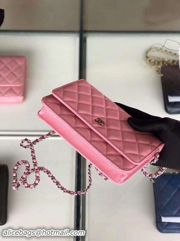 Unique Chanel classic wallet on chain Grained Calfskin & Silver-Tone Metal 33814 Pearlescent Pink