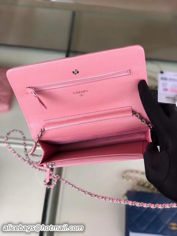 Unique Chanel classic wallet on chain Grained Calfskin & Silver-Tone Metal 33814 Pearlescent Pink