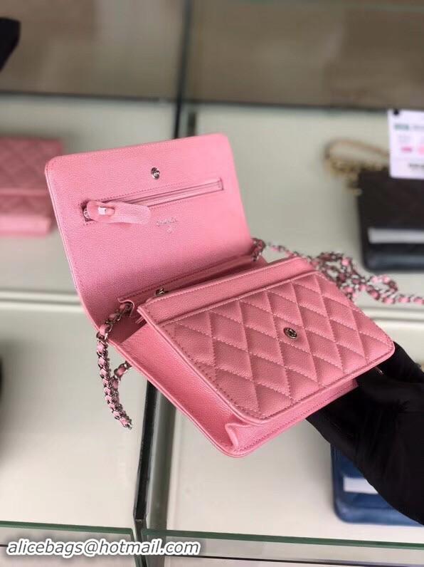 Unique Chanel classic wallet on chain Grained Calfskin & Silver-Tone Metal 33814 Pearlescent Pink