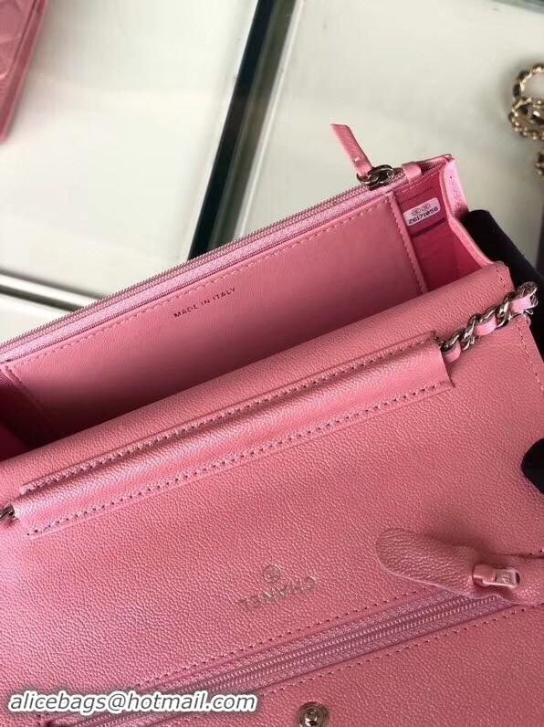 Unique Chanel classic wallet on chain Grained Calfskin & Silver-Tone Metal 33814 Pearlescent Pink