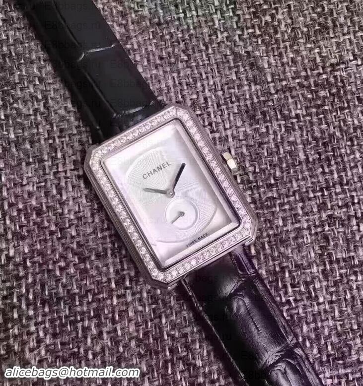 Low Cost Chanel V2 Diamond Quartz Leather Band CH7224 White