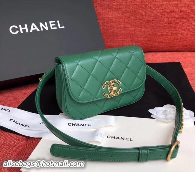 Classic Chanel Original Sheepskin Leather Belt Bag Green 33866 Gold