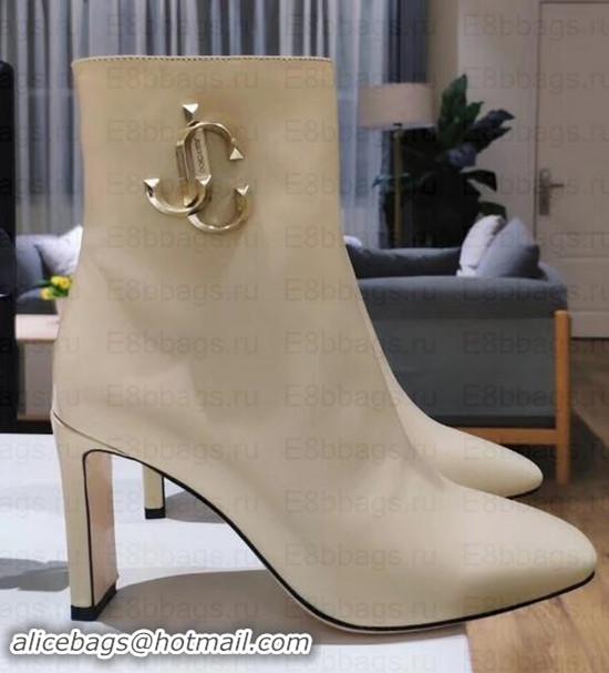 New Fashion Jimmy Choo Heel 6.5cm Minori Calf Leather Ankle Boots JC90722 Creamy with Gold