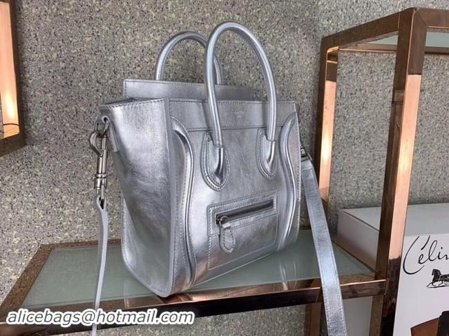 Luxury CELINE NANO LUGGAGE BAG IN LAMINATED LAMBSKIN 189243 SILVER