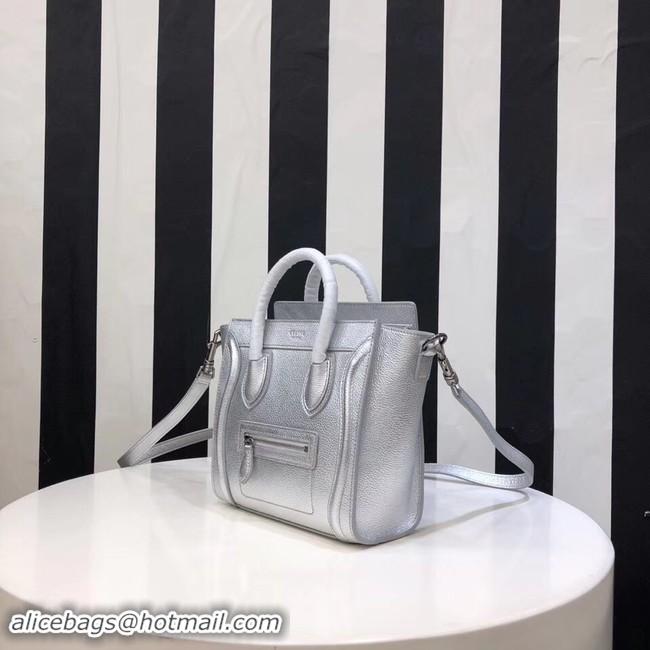 Luxury Discount CELINE NANO LUGGAGE BAG IN LAMINATED LAMBSKIN 189244-26 silver