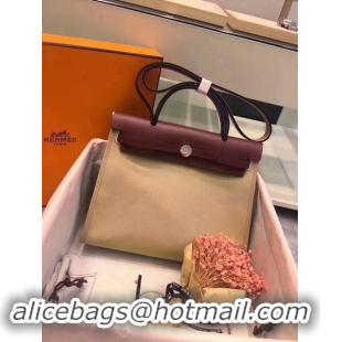 Trendy Design Hermes Herbag 31CM Original Canvas Leather & Calfskin 45987 Offwhite&Wine