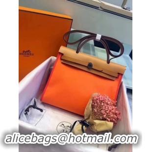 Luxury Hermes Herbag 31CM Original Canvas Leather & Calfskin 45987 Orange&Brown