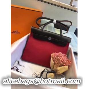 Good Quality Hermes Herbag 31CM Original Canvas Leather & Calfskin 45987 Black&Red  