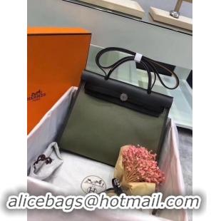 Charming Hermes Herbag 31CM Original Canvas Leather & Calfskin 45987 Atrovirens&Black