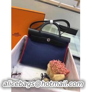 Discount Hermes Herbag 31CM Original Canvas Leather & Calfskin 45987 Black&Blue