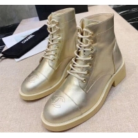 Luxury Chanel Calfskin Lace-Ups Ankle Boots G34956 Metallic Gold