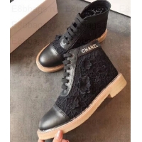 Hot Style Chanel Camellia Embroidery Lace-Ups G34862 Black 2019