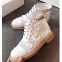 Good Quality Chanel Camellia Embroidery Lace-Ups G34862 White 2019