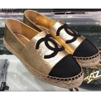 Top Design Chanel Leather and Grosgrain Espadrilles G29762 Black/Crinkled Gold 2019