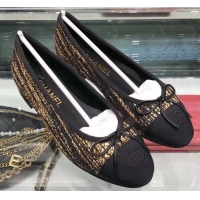 Best Price Chanel Tweed and Grosgrain Classic Bow Ballerinas Flats G02819 Black/Gold 2019