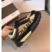 Luxurious Chanel Logo Metallic Lambskin and Fabric Sneakers G34086 Black/Gold 2019