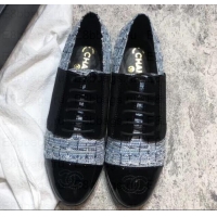 Good Quality Chanel Glittered Fabric/Patent Calfskin Lace-Ups G34128 Tweed Blue 2019