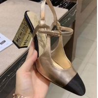 Fashion Chanel Heel 8cm Metallic Goatskin/Grosgrain Pumps G34907 Gold/Black 2019