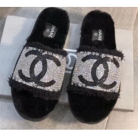 Classic Chanel CC Logo Shearling Mules Slipper Sandals G35233 Black 2019