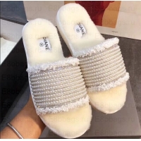 Good Quality Chanel CC Logo Shearling Mules Slipper Sandals Pearl G35235 Creamy 2019