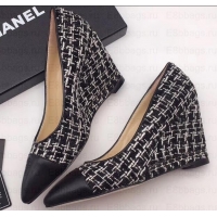 Sophisticated Chanel Chain Heel 8cm Wedge Pumps Tweed Grid G35239 White/Black 2019