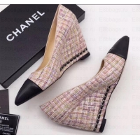 Best Quality Chanel Chain Heel 8cm Wedge Pumps Tweed Grid G35239 Pink 2019