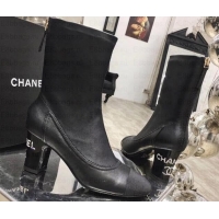 Discount Chanel Logo Heel 6.5cm Ankle Boots Leather G35242 Black 2019